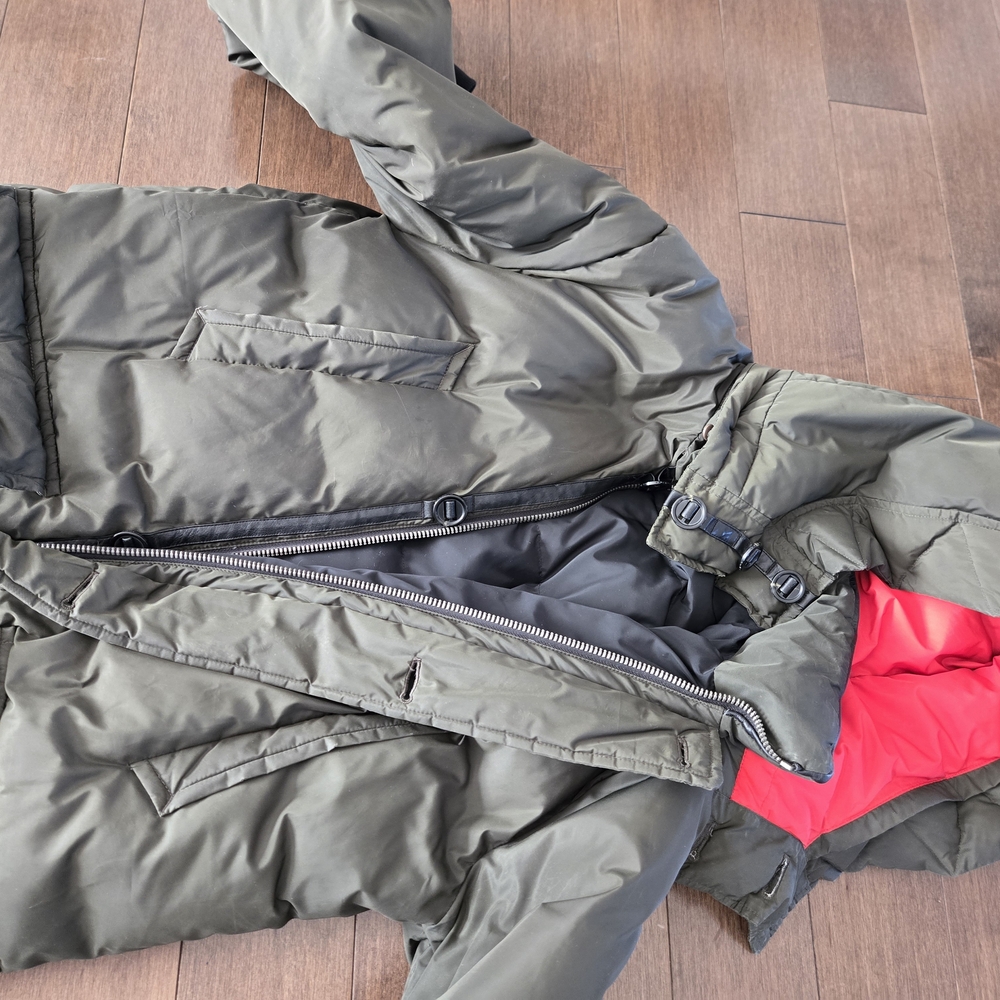 Mackage Olive Green Puffer Jacket with Red Lining